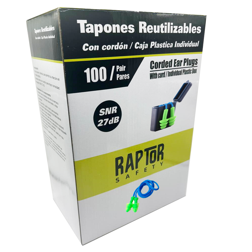Caja de Tapón De Oídos Reusable C/Caja Snr: 27 Db Raptor Safety 100 unid.