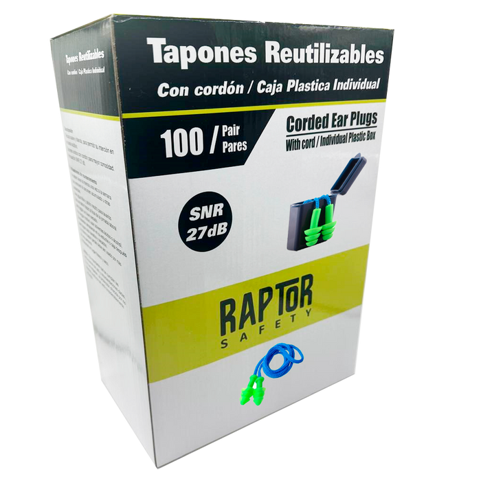 Caja de Tapón De Oídos Reusable C/Caja Snr: 27 Db Raptor Safety 100 unid.