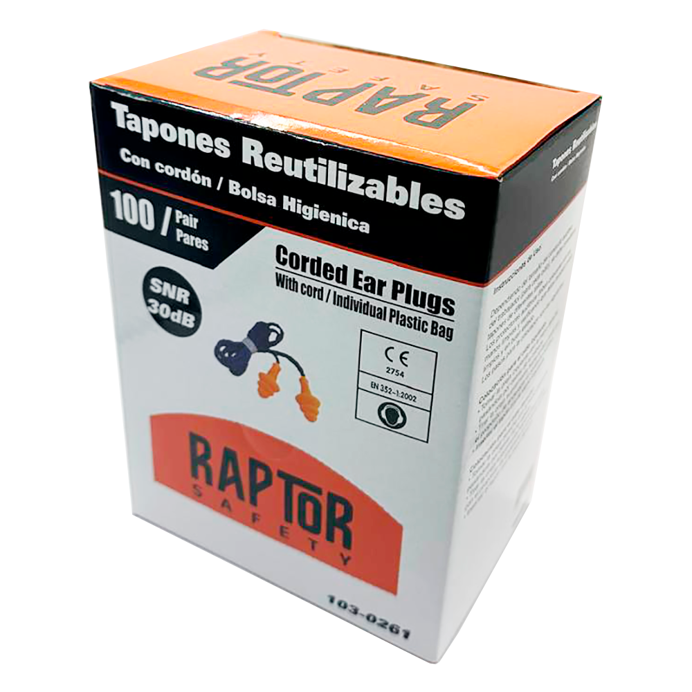 Caja de Tapon De Oídos Reusable Raptor C/Bolsa Snr: 27 Db 100 Und.