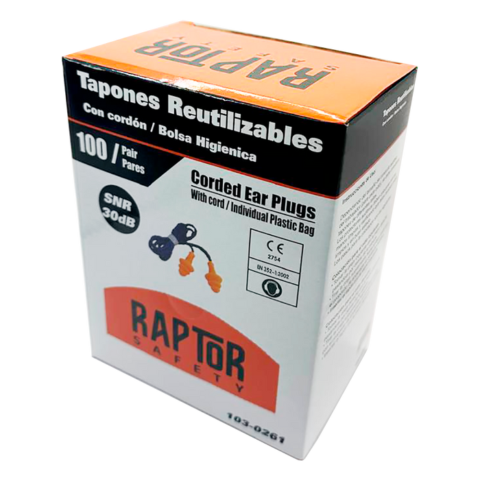 Caja de Tapon De Oídos Reusable Raptor C/Bolsa Snr: 27 Db 100 Und.