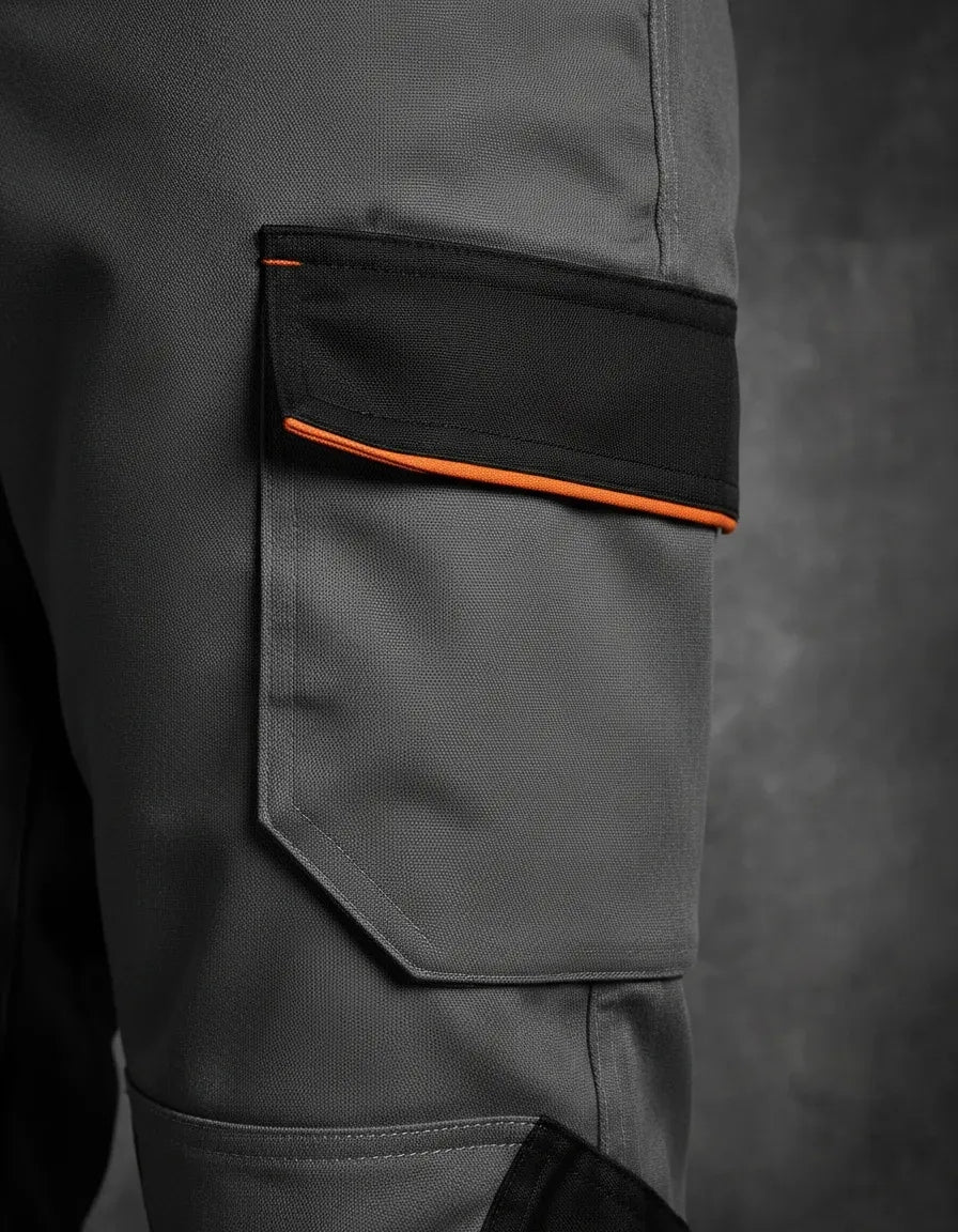 Pantalón Cargo Gabardina Deltaplus Mach 2 Gris/Negro Ribete Naranjo