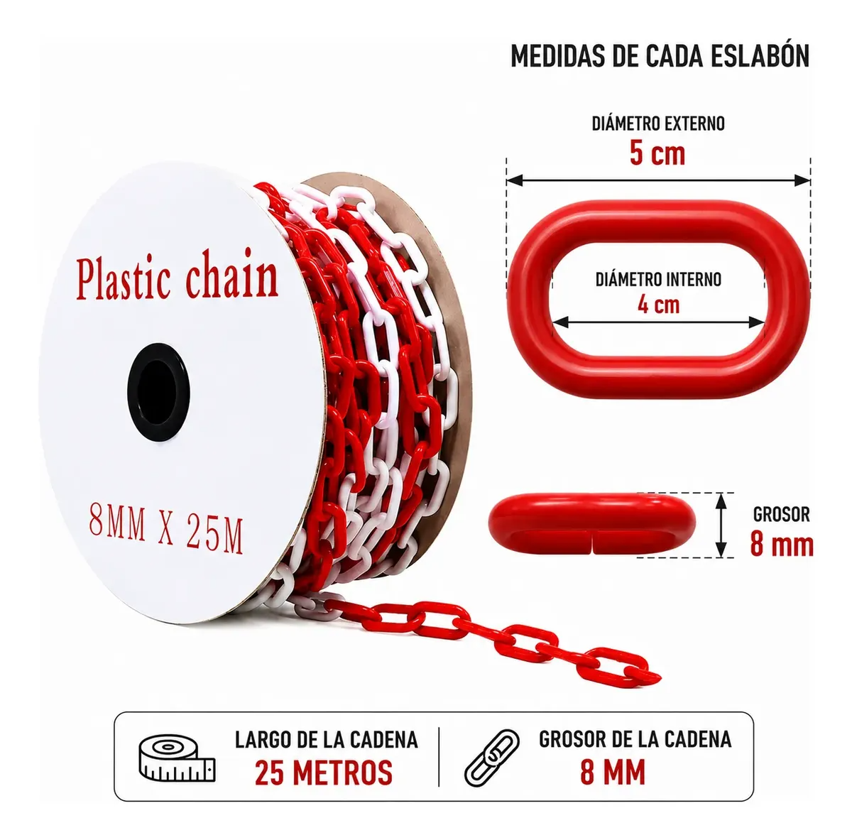 Cadena Plástica Blanco con Rojo (Rollo 50M)