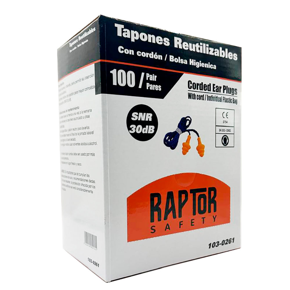 Caja de Tapon De Oídos Reusable Raptor C/Bolsa Snr: 27 Db 100 Und.